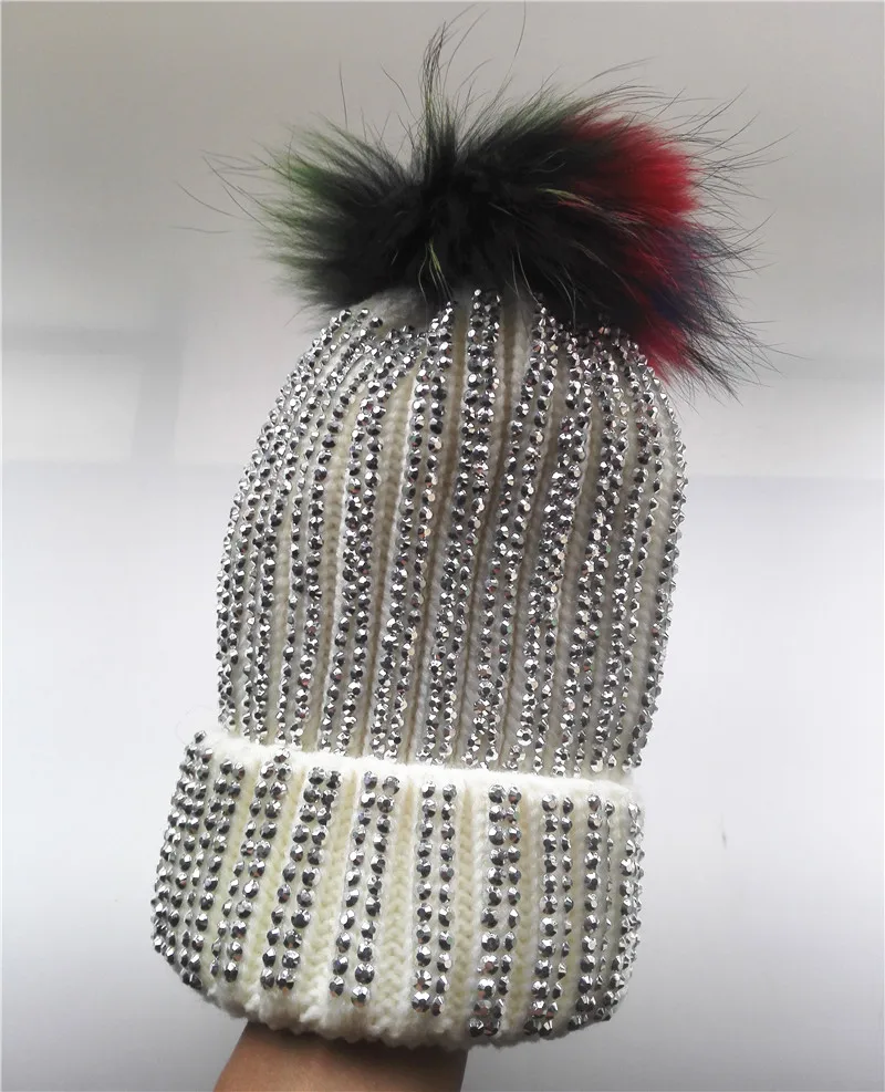 DIY Ladies Handmade Rhinestone Removable Skullies Winter Warm Hat Women Rainbow Raccoon Fur Pom pom Knitted Hats Beanies Caps