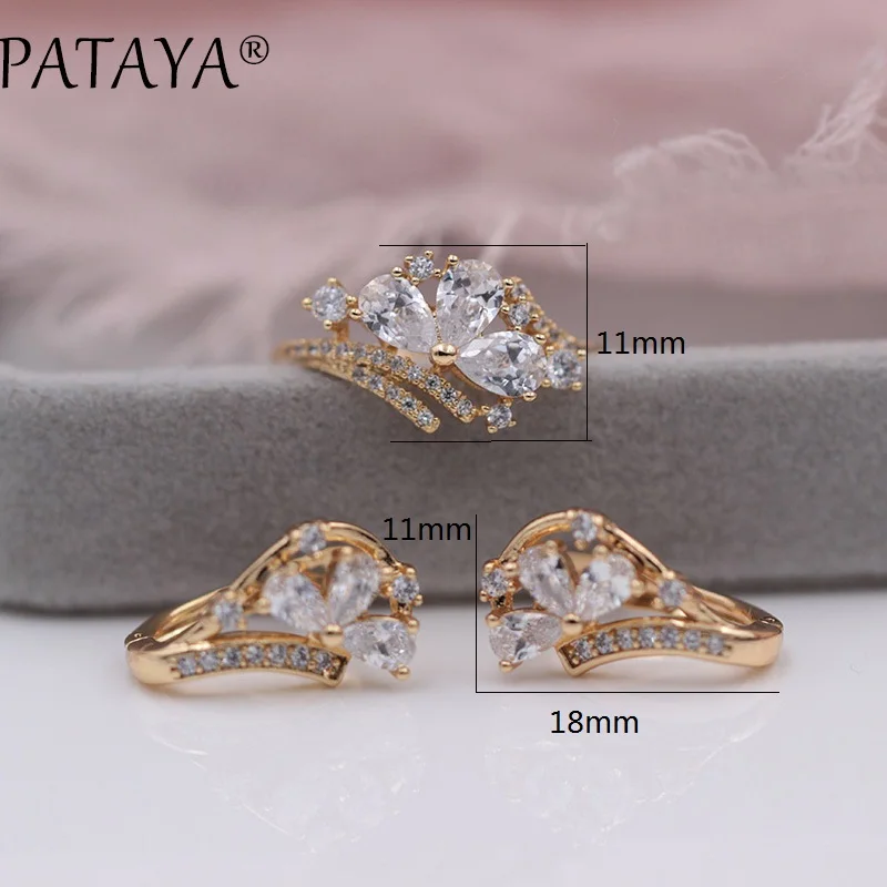 PATAYA New Fashion Women Wedding Jewelry 585 Rose Gold Color Micro-wax Inlay Green Water Drop Natural Zircon Earrings Rings Sets