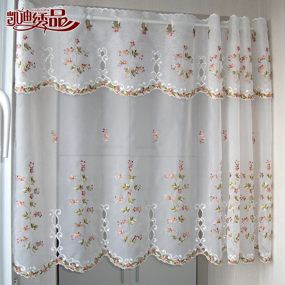 Countryside Half-curtain Luxurious Embroidered Window Valance Wear Tube Lace Hem Coffee Curtain for Kitchen Cabinet Door A-113