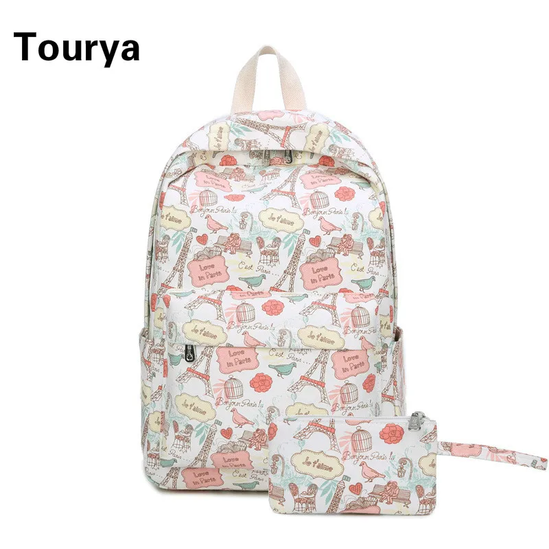 Tourya-mochila de lona bonito com impressão dos desenhos animados para as mulheres, mochila escolar para adolescentes, bolsa de viagem para laptop