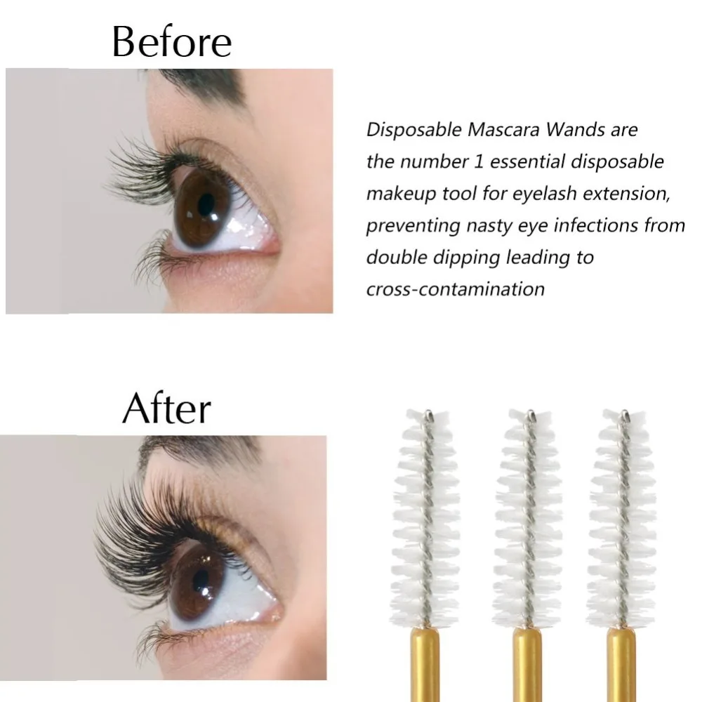 2022 New 1000pcs Eyelash Brush Gold Handle Top Quality Nylon Disposable Mascara Wands Lashes Makeup Brushes Eyelash Extension