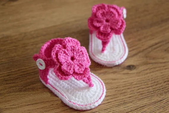 Sandálias Crochet Baby Flip Flop, Sandálias com Little Puff Flowers, Verão, 9cm,10cm,11cm