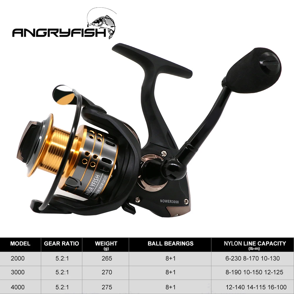 ANGRYFISH NOWER 5.2:1 High Speed Fishing Reel Series 8+1BBs Spinning Fishing Reel Max Drag 8KG Carp Fishing Spinning Reel