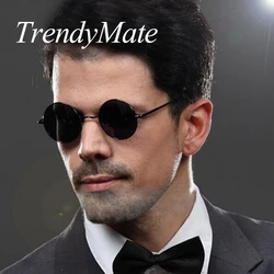 High Quality Vintage Polarized Sunglasses Men Round Metal Steampunk Brand Designer Sun GLsses Alloy Metal Gafas De Sol 171M