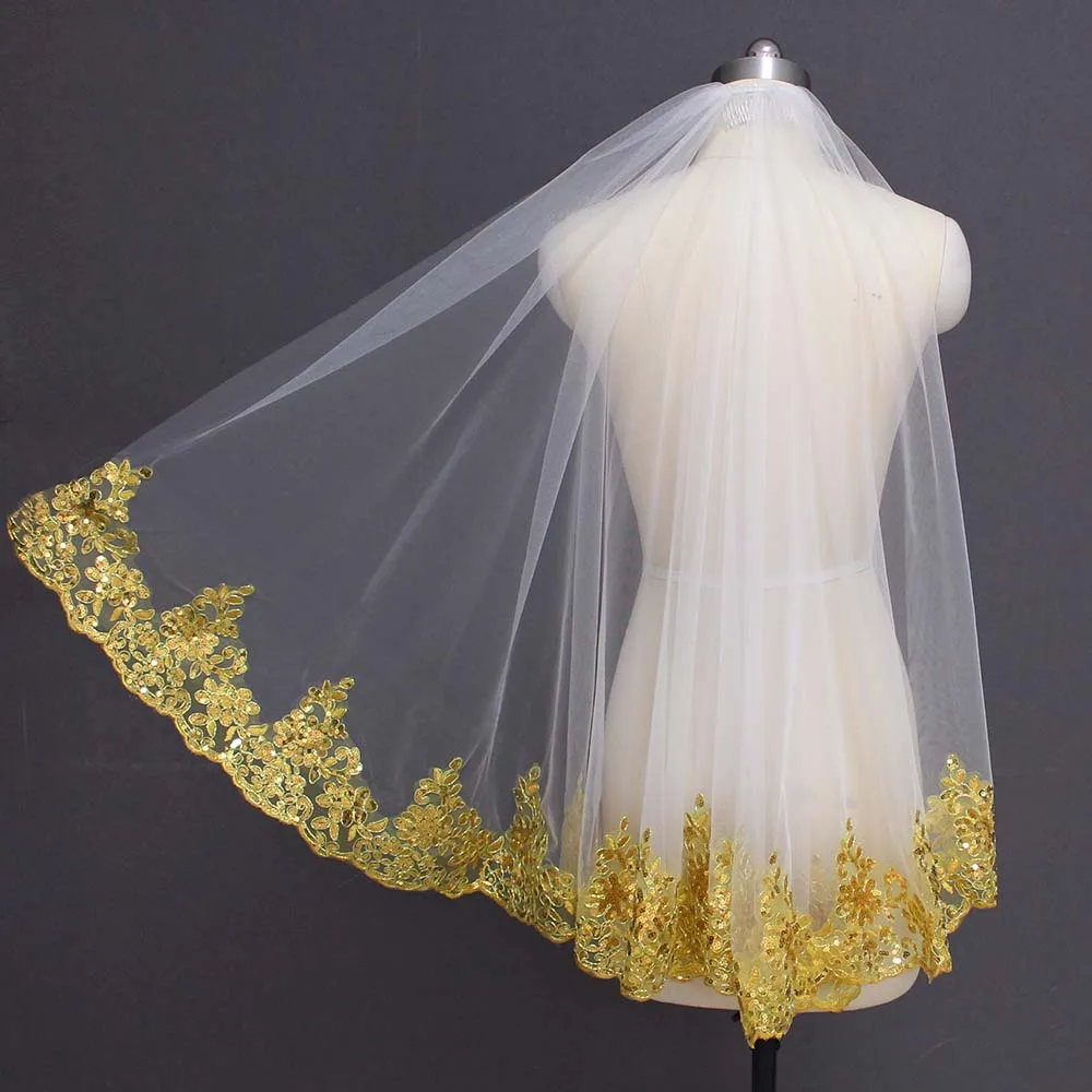 New Gold Lace White Ivory Tulle Short Wedding Veil with Comb Bling Sequins Lace One Layer Bridal Veil Voile de Mariee