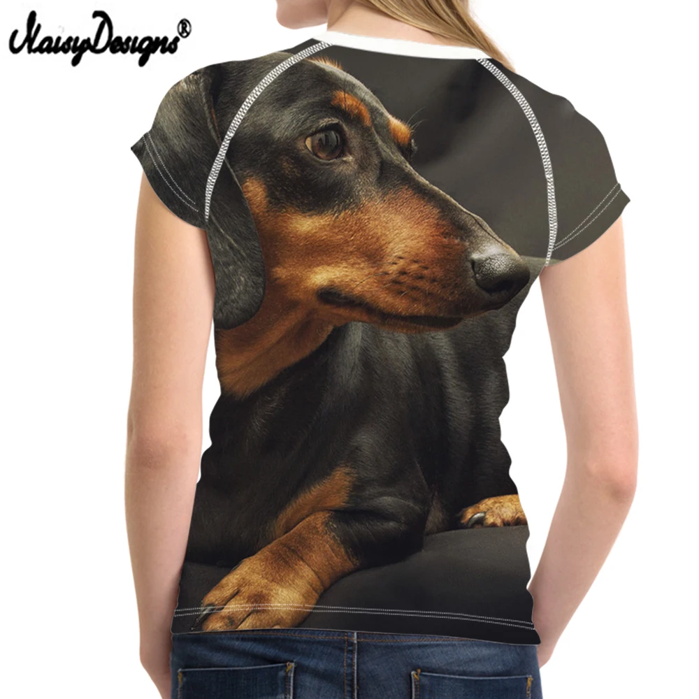 NoisyDesigns Dachshund Dog Print Funny Tshirt Woman Casual Man Summer Short Sleeve Femme Top T-Shirt Black Shoulder Girls