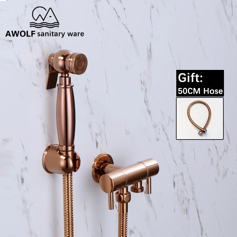 

Solid Brass Toilet Shattaf Rose Gold Hand Held Bidet Sprayer Douche Kit Solid Brass Dual Valve Set Faucet Shower Head AP2175