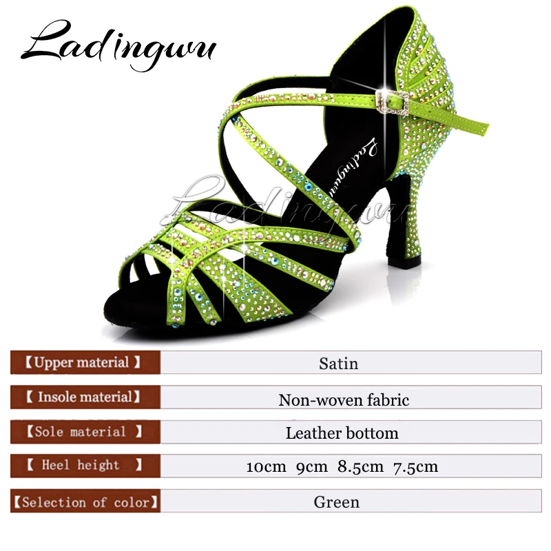 Ladingwu Light Green Satin Latin Dance Shoes Women Profession Salsa Dance Shoes Women Ballroom Dance Sandals Rhinestone Shoes