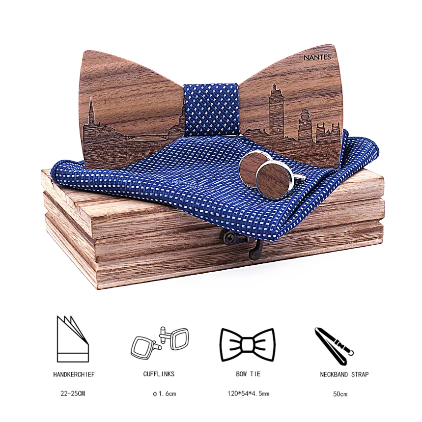 Walnut Wood France Nantes Skyline Wooden Bow ties  Butterfly Gravata Skyline Ties For Men Cufflinks noeud papillon cravate