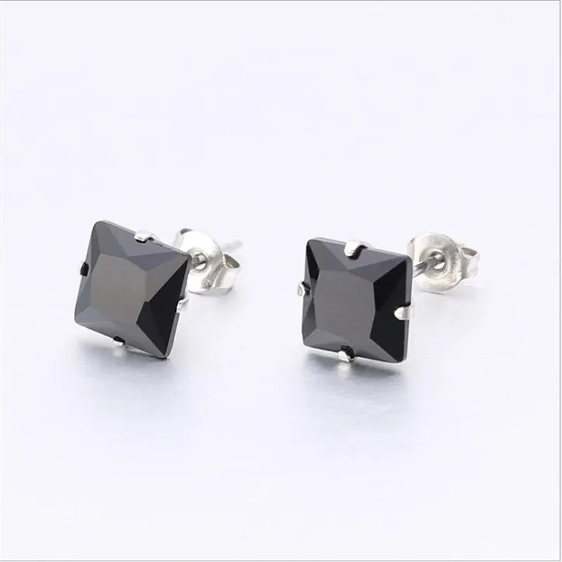 Size From 3mm To 8mm 316 L Stainless Steel With Square Black Zircons Stud Earrings For Men And Women