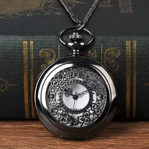 1048 винтажные классические черные большие карманные часы с белым цветком, кварцевые часы с подвеской