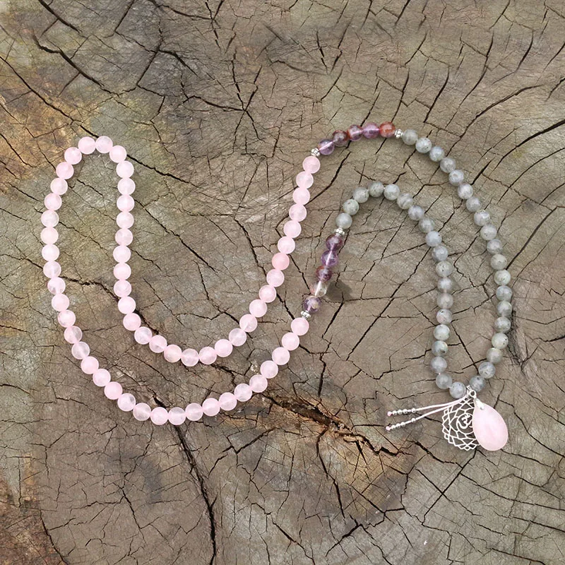 8mm Rose Quartz,Labradorite,Amethyst Ghost JapaMala Necklace, Meditation Mala,Namaste Yoga Jewelry,Chakra Stones, 108 Mala Beads