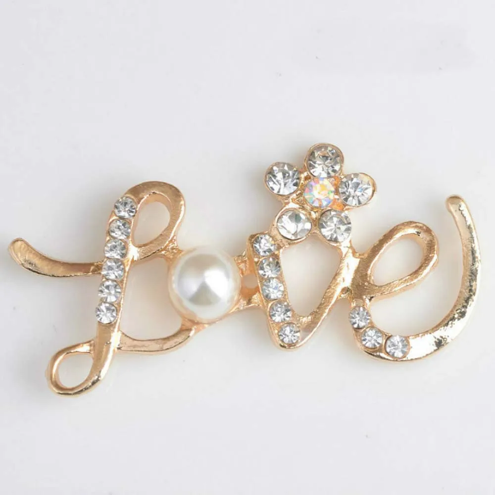 

10pcs/lot 24*47mm Pearl Gold Love Letter Rhinestone Buttons Flatback Embellishment for Craft DIY Wedding Shoes Decorative Button