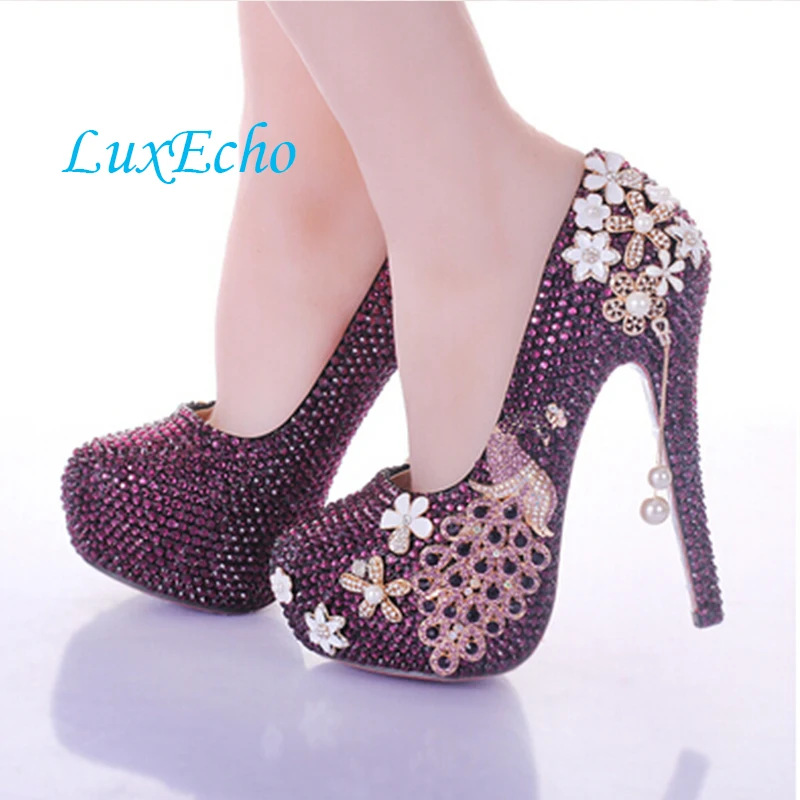 Women Wedding shoes Bride crystal peacock tassel high heels platform shoes woman Fucshia comfortable formal dress wedding shoes