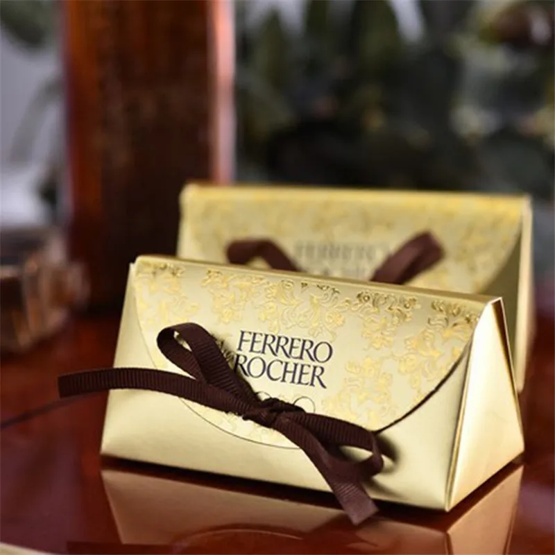 1000pcs/lot New design Gold Paper Candy Boxes Chocolate Box for Guest Wedding Favor Gift Sweet Box with Ribborns