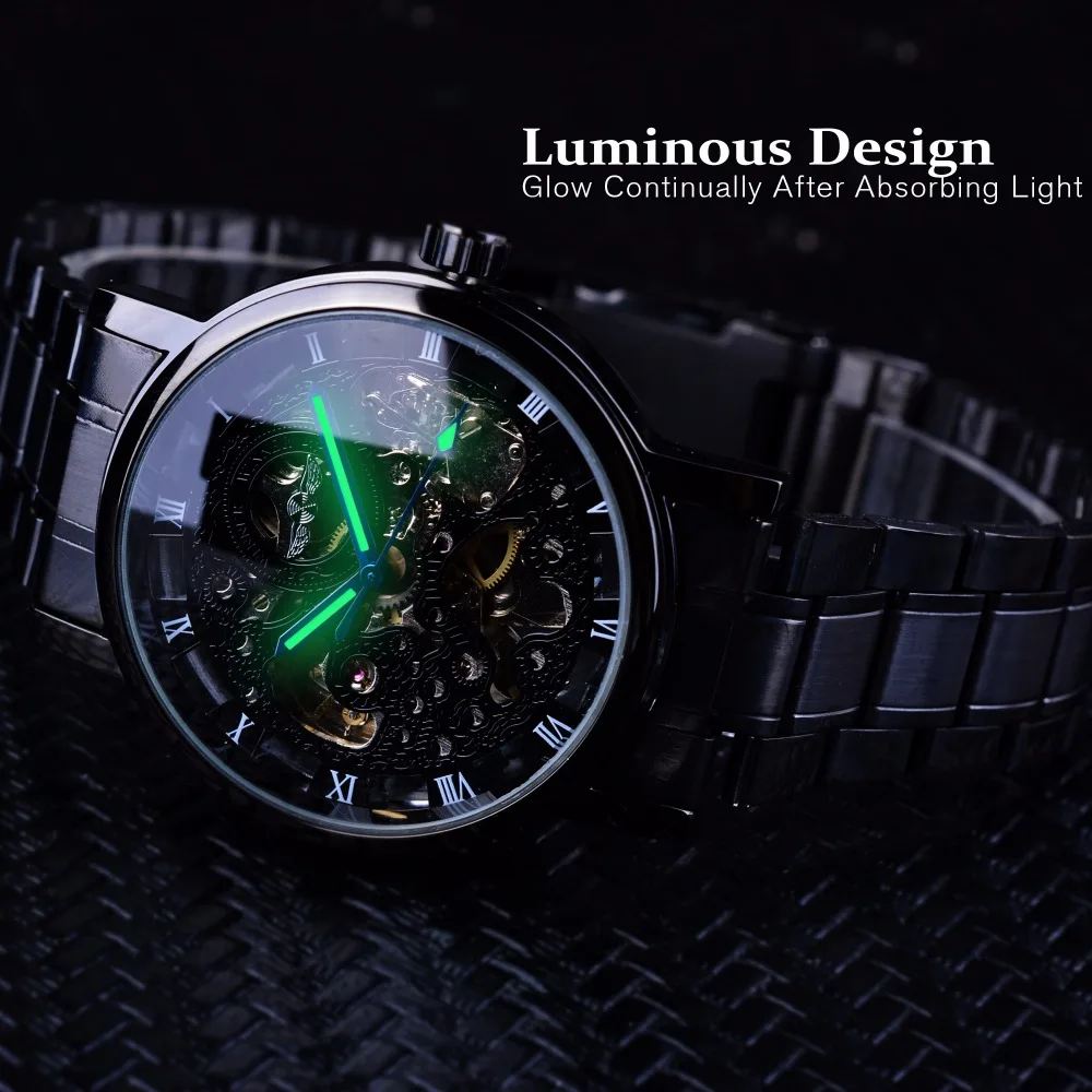 ผู้ชนะ Steampunk Montre Homme สีดำ Retro Casual Mens นาฬิกาแบรนด์หรูโครงกระดูก Mechanical นาฬิกา