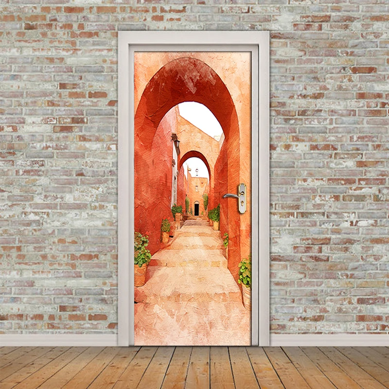 

Red Corridor Arch 3D Door Stickers Mural PVC Self-adhesive Waterproof Tapety Modern Living Room Decoration Bedroom Wall Paper