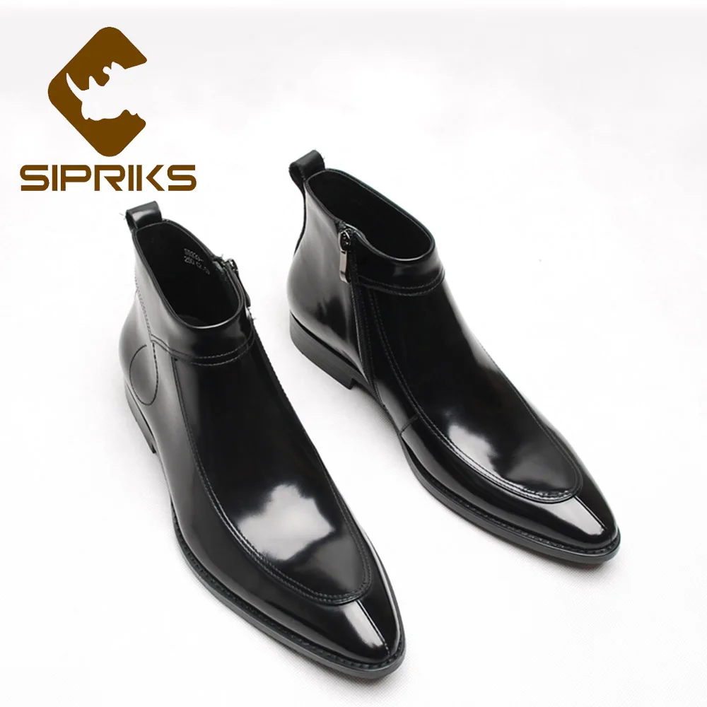 Sipriks Mens Leather Ankle Boots Black Pointed Zip Boots Formal Suits Gents Cowboy Wine Red Boots Luxury Top Quality Rubber Boot