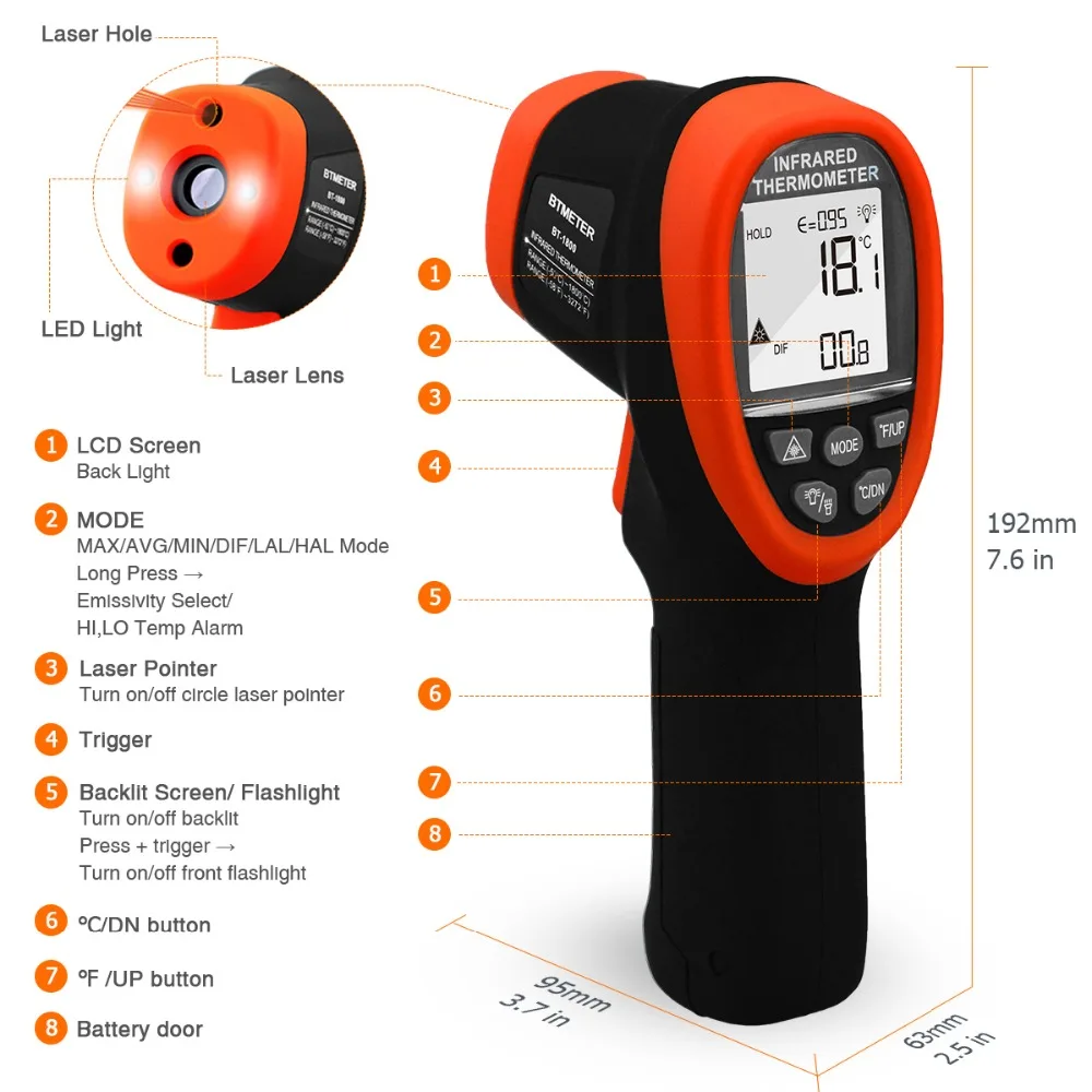 BTMETER,BT-1800 High Temperature Infrared Thermometer IR Handheld Temp Gun,-50C~1800C,High Temp Tester with Backlit Flashlight