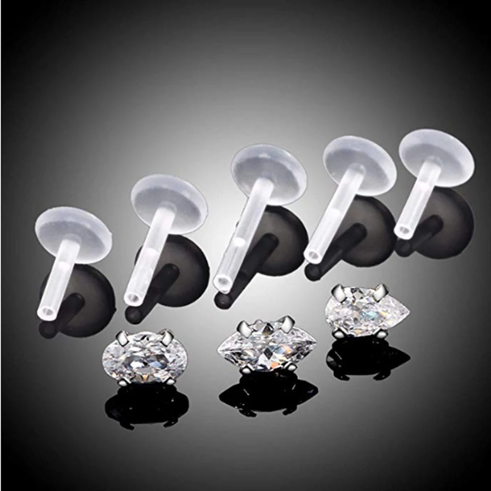 1PC Bioplast Flexible Push-in Labret Stud Lip Piercing Press Fit 3mm Crystal Zircon Ear Cartilage Tragus Helix Jewelry