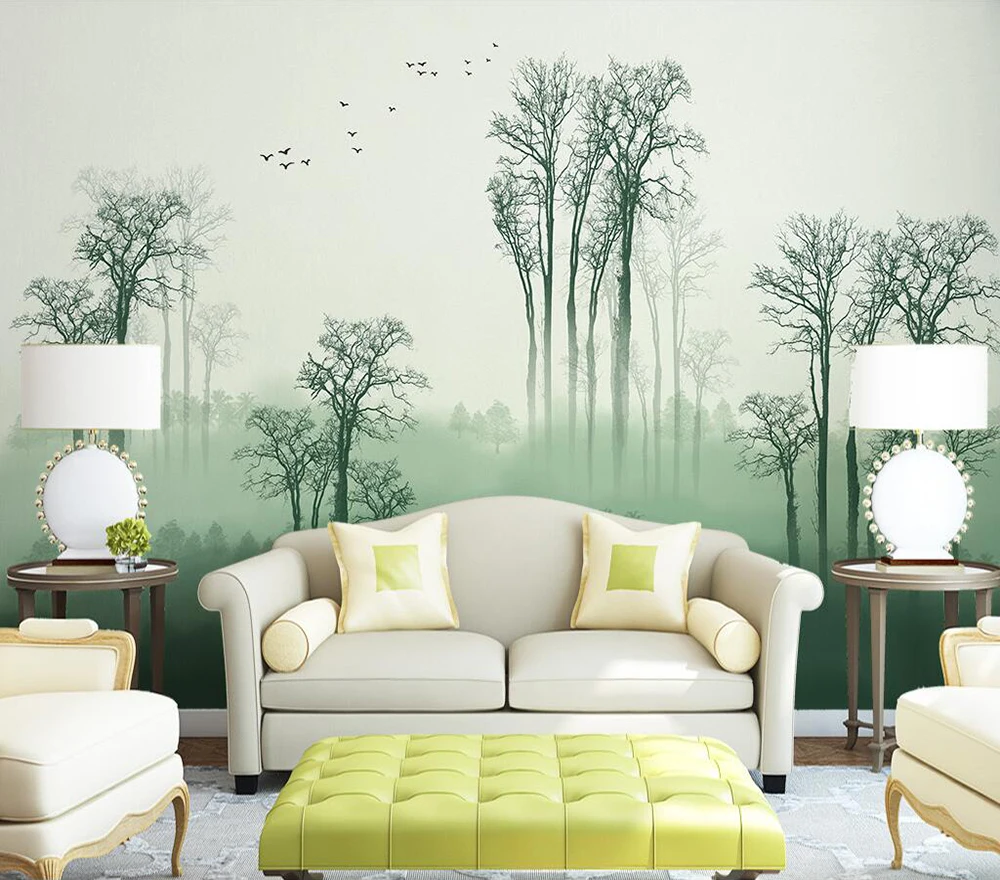 Custom wallpaper Fresh hand-painted countryside woods birds background wall