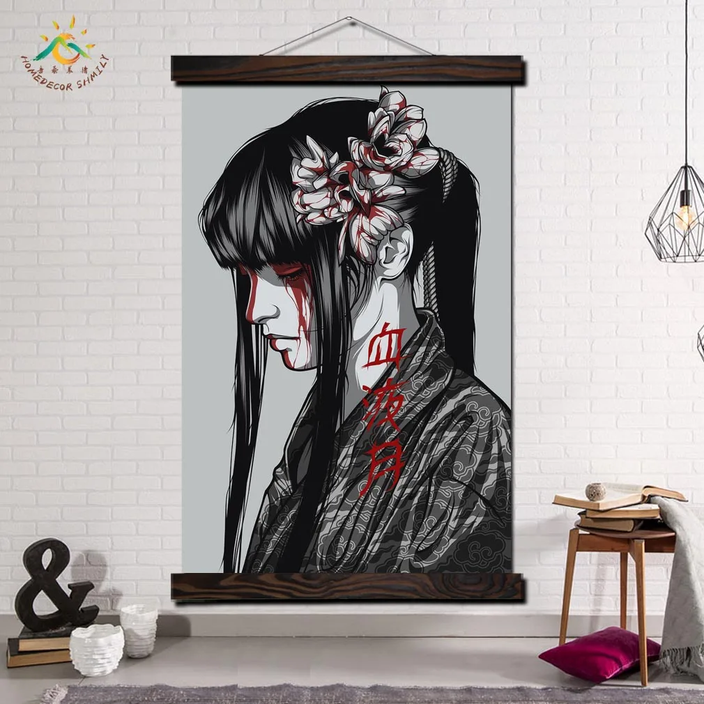 Japan Blood Girl Scroll Painting Modern Canvas Art Prints Poster Wall Pictures Artwork Home Decoration for Living Room