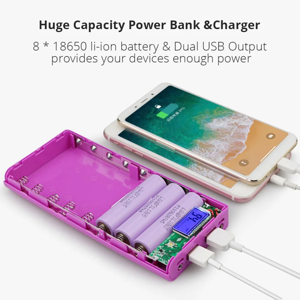 Power Bank DIY 18650 กล่อง DIY 8x18650 แบตเตอรี่แบบพกพาจอแสดงผล LCD Dual USB พอร์ต Powerbank Case กล่องแบตเตอรี่