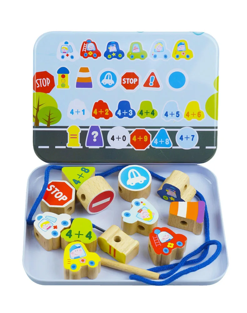 Kit de bricolage de perles en bois pour enfants, jouets éducatifs, nombres d'animaux de dessin animé, ensemble à la mode, cadeau artisanal pour bébés garçons et filles, avec boîte