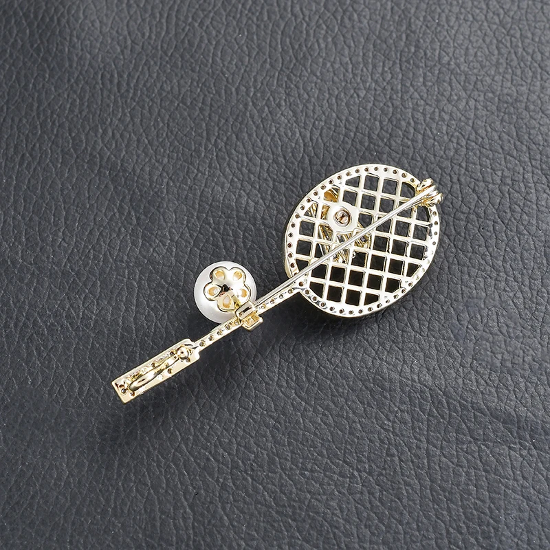 Personality Trend Copper Brooch Sports Badminton Racket Badminton Pearl Copper Zircon Brooch Pin High Quality Jewelry