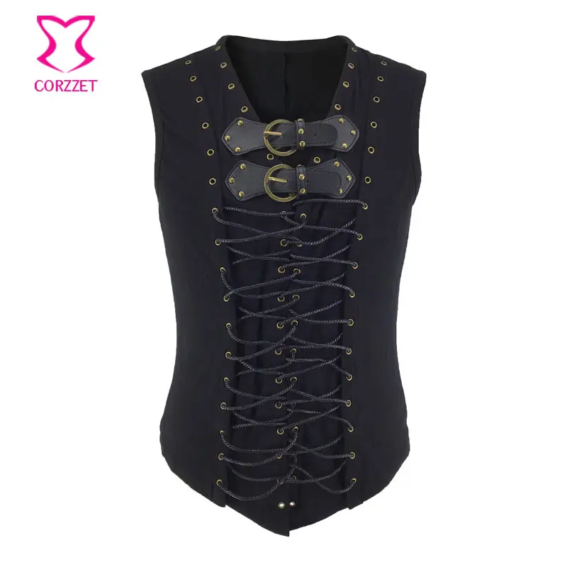 Men Steampunk Double Breasted Vest Black Leather Sleeveless Lace Up Victorian Gothic Corset Waistcoat Vest Vintage Jackets Coats