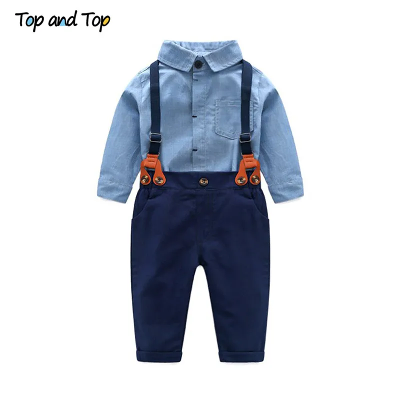 Ensemble de vêtements pour bébés garçons, barboteuse à manches longues + pantalon à bretelles, tenue décontractée pour fête de mariage, 2 pièces