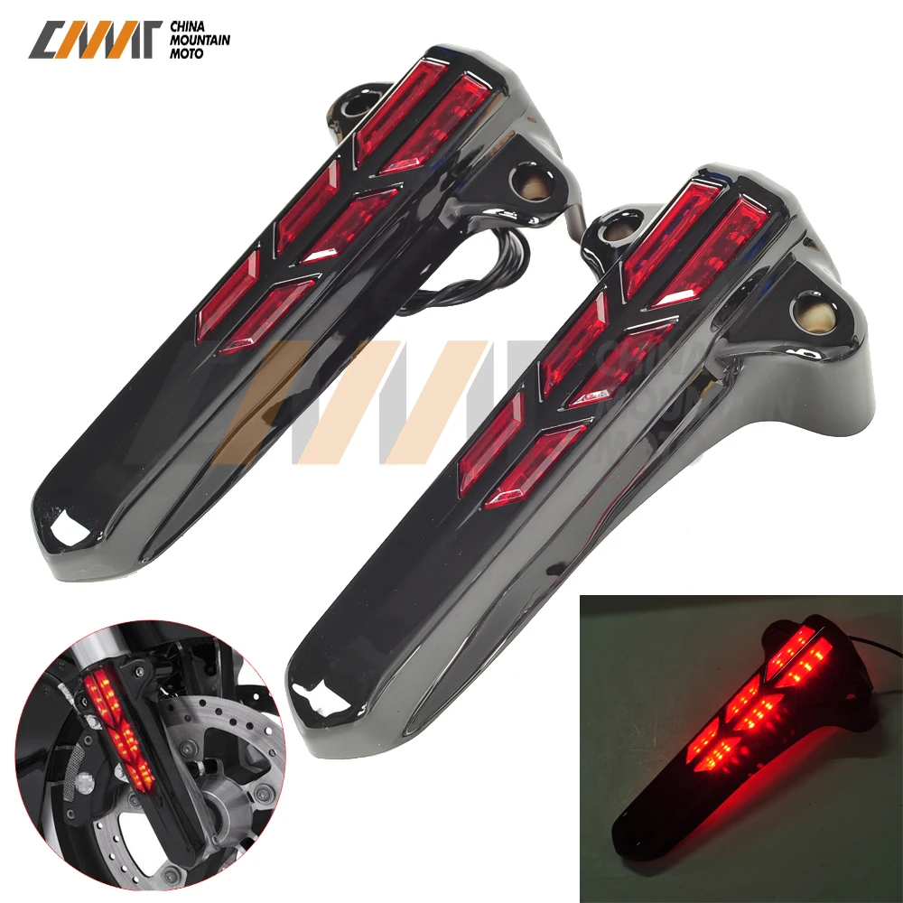 Black Motorcycle Front Lower Fork Leg Covers W/ Red LED Case for Harley FLHR FLHX FLHT 2014-2017