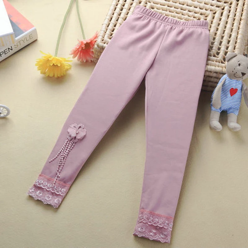 2017 Hot sale girls leggings Spring plus velvet cotton Fashion butterfly lace Beading girls pants 4-7 year leggings for girls