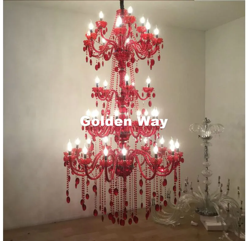 European 5 Layers 42 Arms LED Red Crystal Chandelier Stair Long Crystal Chandelier Lighting Restaurant Hotel Hall Villa Lighting