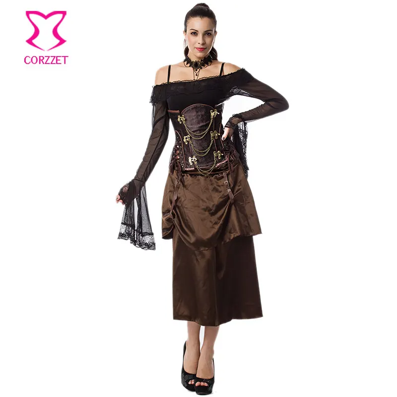 Cổ điển Steampunk Váy Nâu 2 Lớp Satin với Buckle PU Dây Đeo Saias Midi Váy Gothic Corset Váy Womens Faldas Mujer