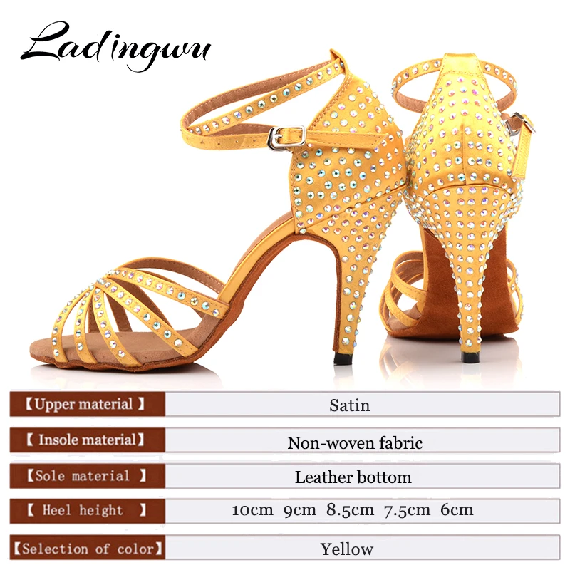 Ladingwu Classic Rhinestone Latin Dance Shoes Champagne Yellow Stain Salsa Ladies Dance Shoes Indoor Ballroom Soft Bottom Shoes