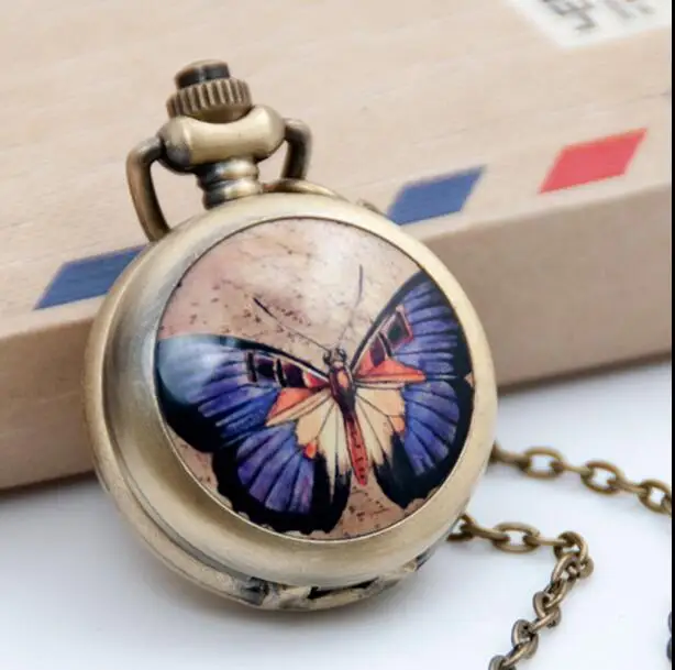 Fashion Silver Beautiful Butterfly Mirror Case Quartz Pocket Watch Analog Pendant Necklace Mens Womens Gifts SP594