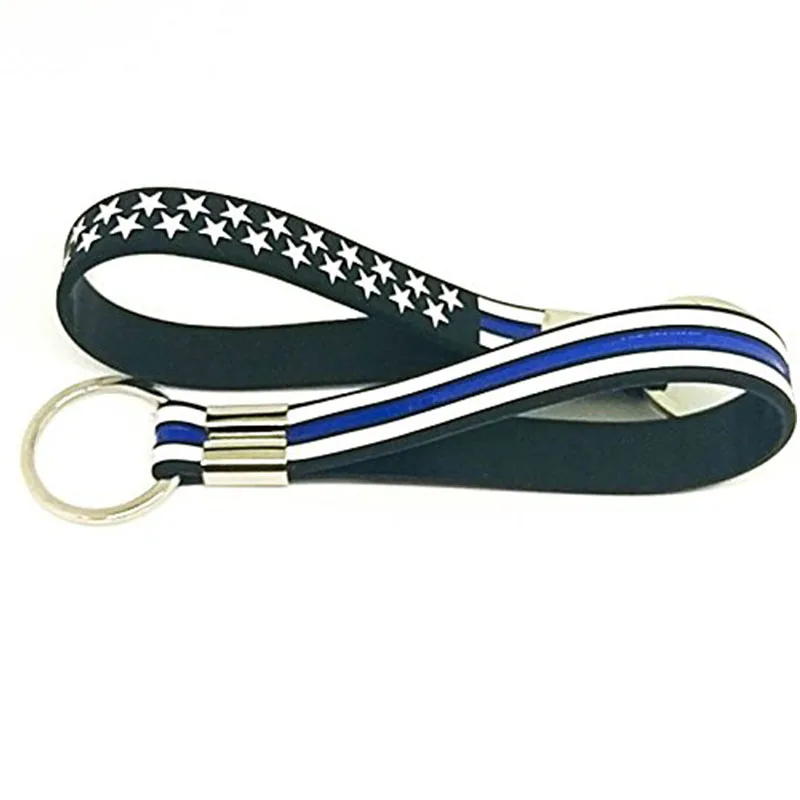 Customized 100pcs Thin Blue Line Silicone Keychain Key Ring-Support Police Law Enforcement USA Rubber Key Chains High Quality