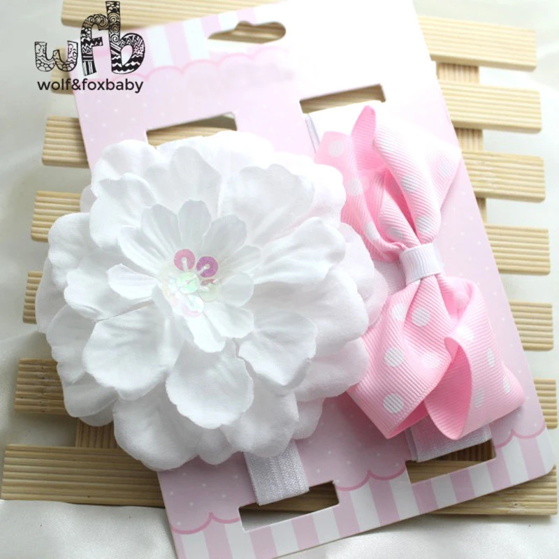 Retail 2pcs/pack Kids children Cute white floral + pink dot Bowknot hairband Hair Accessaries NEW 2014 free shipment