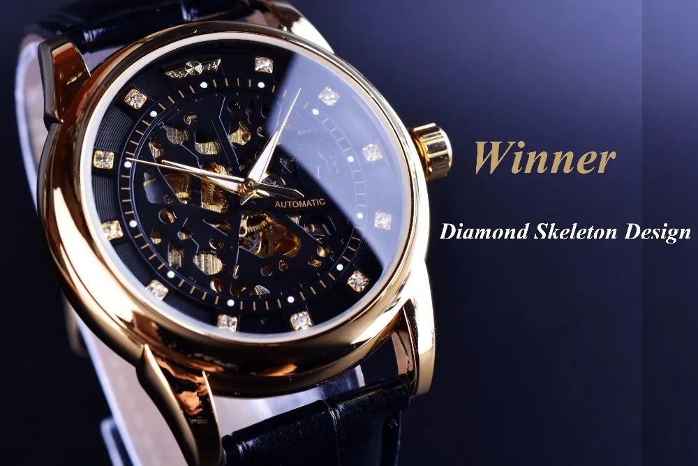 Winner Royal Diamond Design Black Gold Watch Montre Homme Mens Watches Top Brand Luxury Relogio Male Skeleton Mechanical Watch