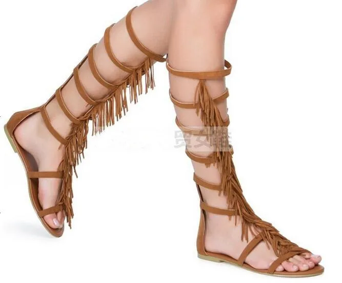 Size 35-43 tassels narrow band cut-outs gladiator knee high boots peep toe buckles strap flat sandal fringed knee boots