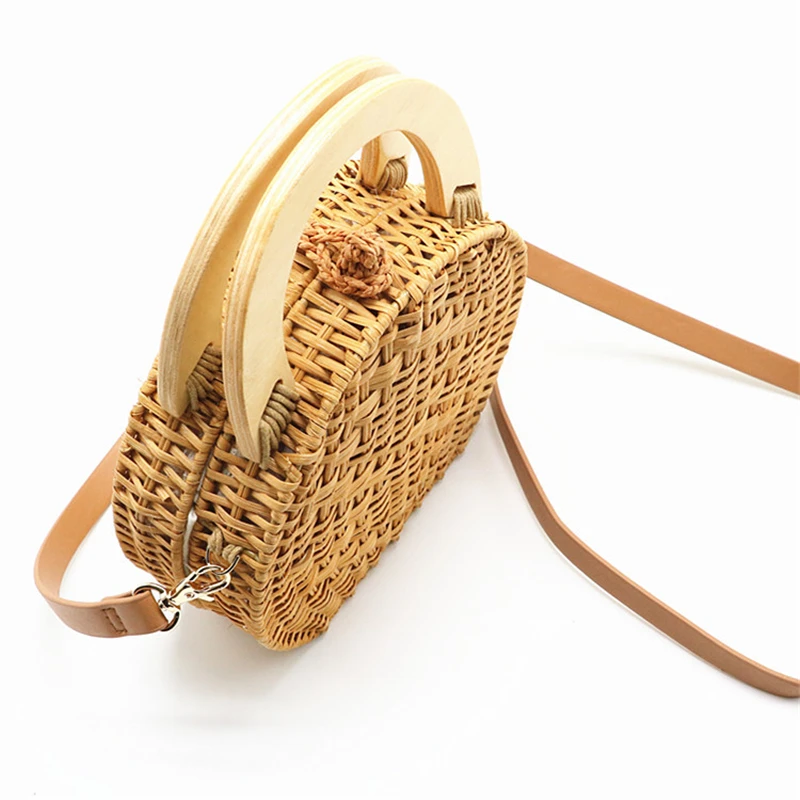 Straw Handbag Women Wooden Hand-Woven Top-Handle Beach Bag Circular Knitting Bags Travel Tote Straw Bags For Women Crossbody Bag