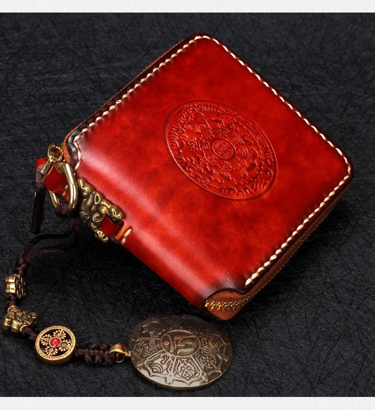 Short Cow Leather Delicate Pendant Wallets Embossing Bag Purses Women Men Clutch Vegetable Tanned Leather Wallet Card Holder