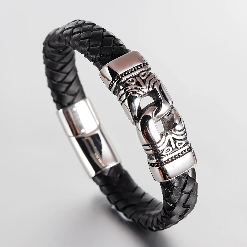 FASHION Men Bracelet Black  Vintage Leather Bracelet Stainless Steel Magnetic Clasps Bracelets Male Hot Jewelry  Ethnic Ethnic