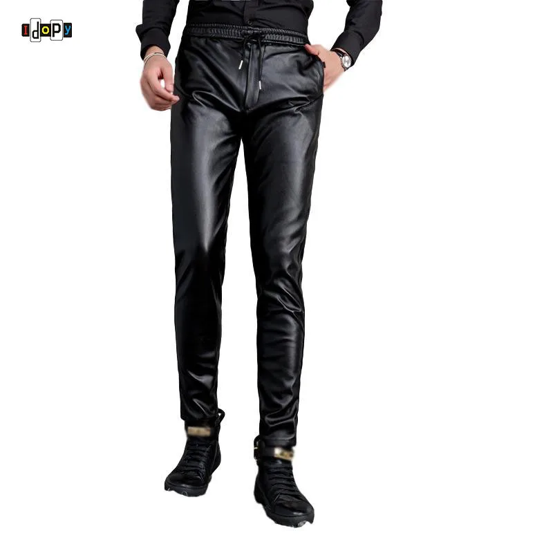 Idopy Mens Faux Leather PU Black Joggers Elastic Waist Party Night Club Biker Pants For Men Boys With Drawstring