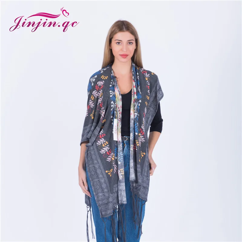 Jinjin.QC 2019 New womens Floral Print Poncho Fashion Women Scarf Polyester Scarves And Wraps Lady Pashmina Kimono With Tassel