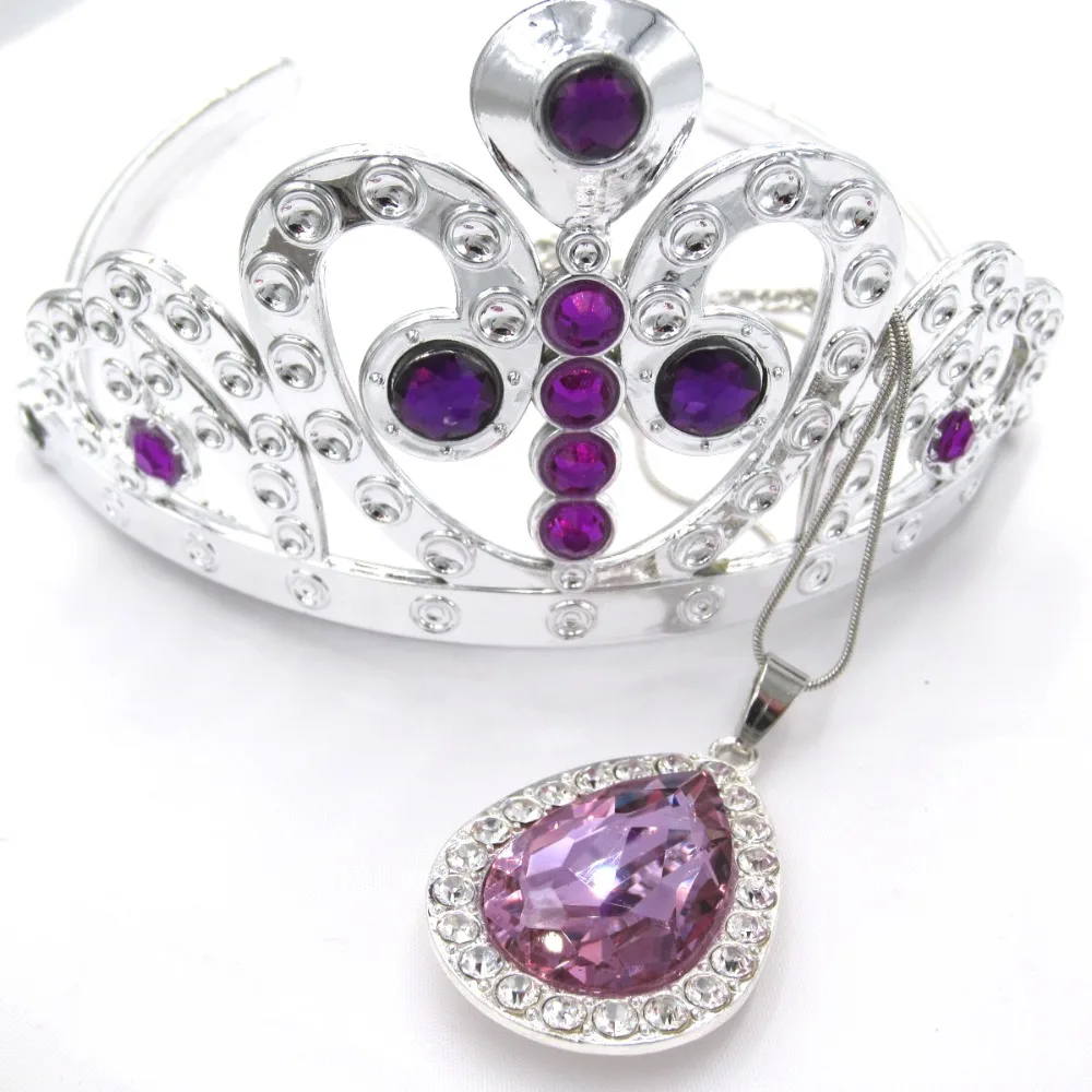 Kids Girls Princess Sofi The First Purple Teardrop Amulet Chain Necklaces Tiara Crown Hair Clip Jewelry Set Gift For Child 1Set