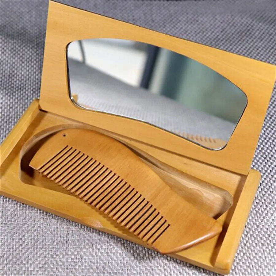 Wood comb Mirror Gift Box Packing Mushu folding mirror small wooden comb portable Mirror Comb Women Makeup Anti-static New Brand
