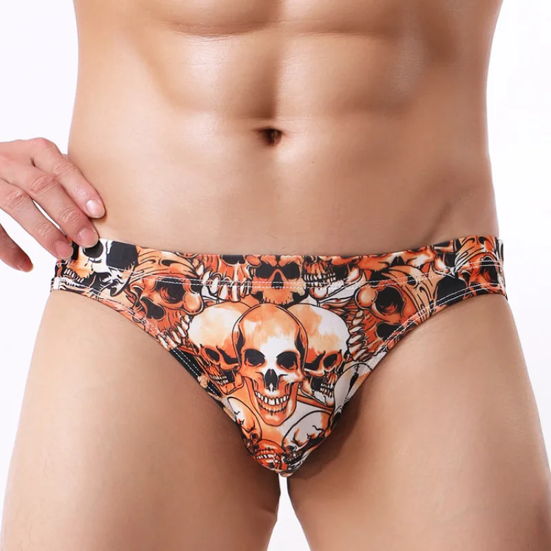 Mens Skull Print Milk Silk Underwear Personality Low Waist Sexy Man Breifs Breathable Soft Male Cueca Calzoncillos Underpants