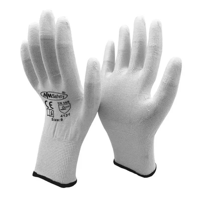 NMSafety 12 Pairs White Polyurethane Dipping Finger Anti Static Safety Work Glove